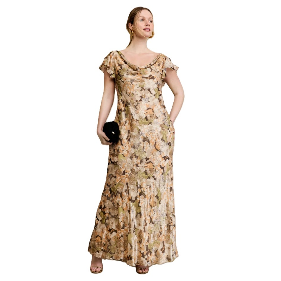 Lauren Ralph Lauren Women Floral Metallic Jacquard Cowlneck Gown Dress Size 12